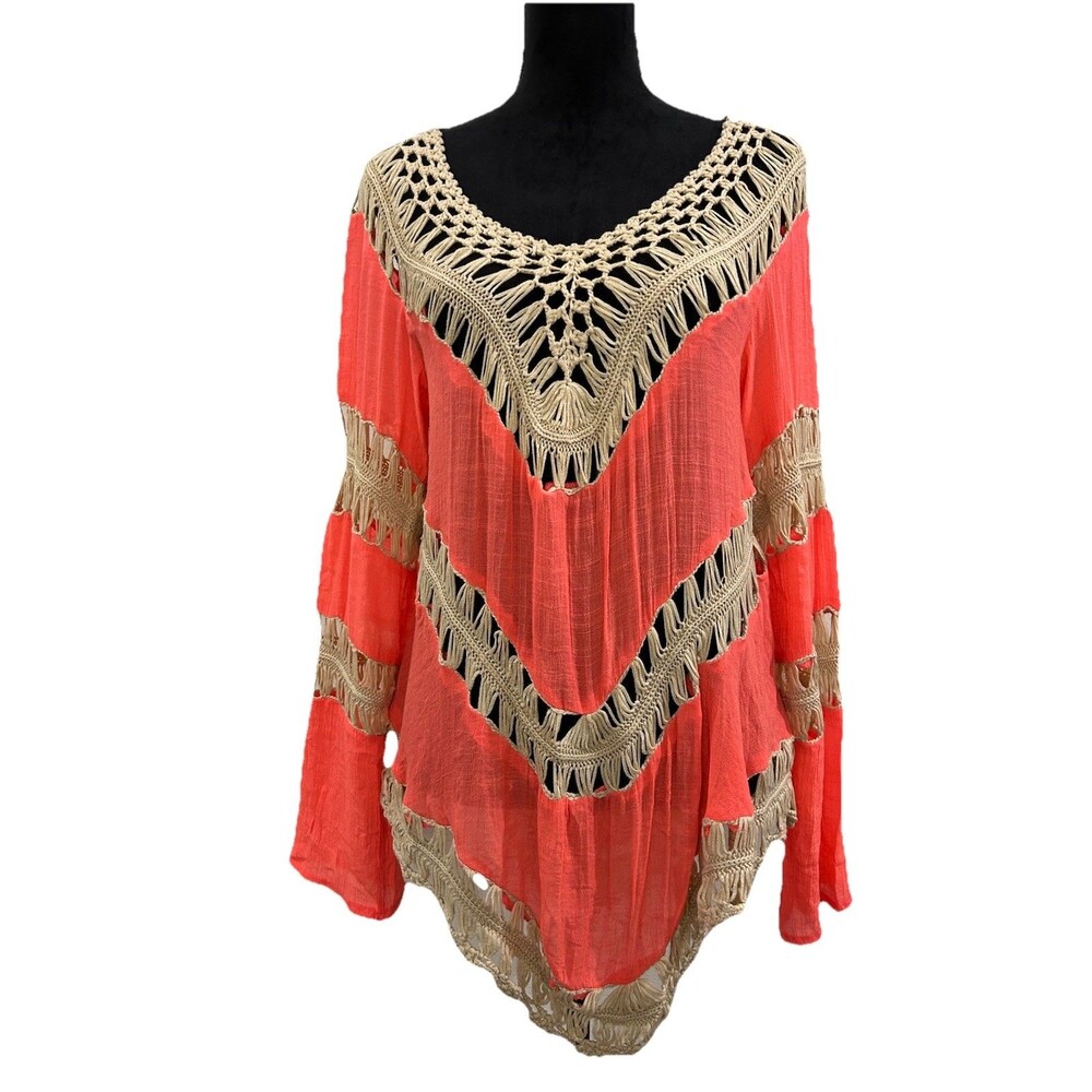 Umgee Womans L Boho Crochet Top Coral/Tan Long Sleeve Beach Wear
